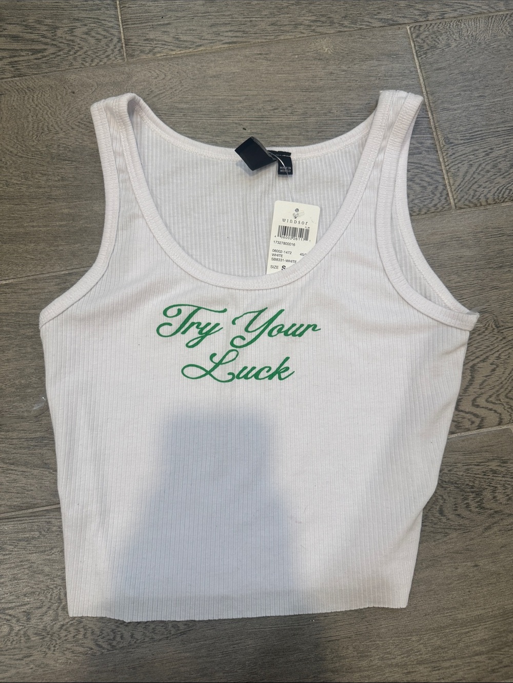 Windsor White Ribbed Crop Tank with Green Script